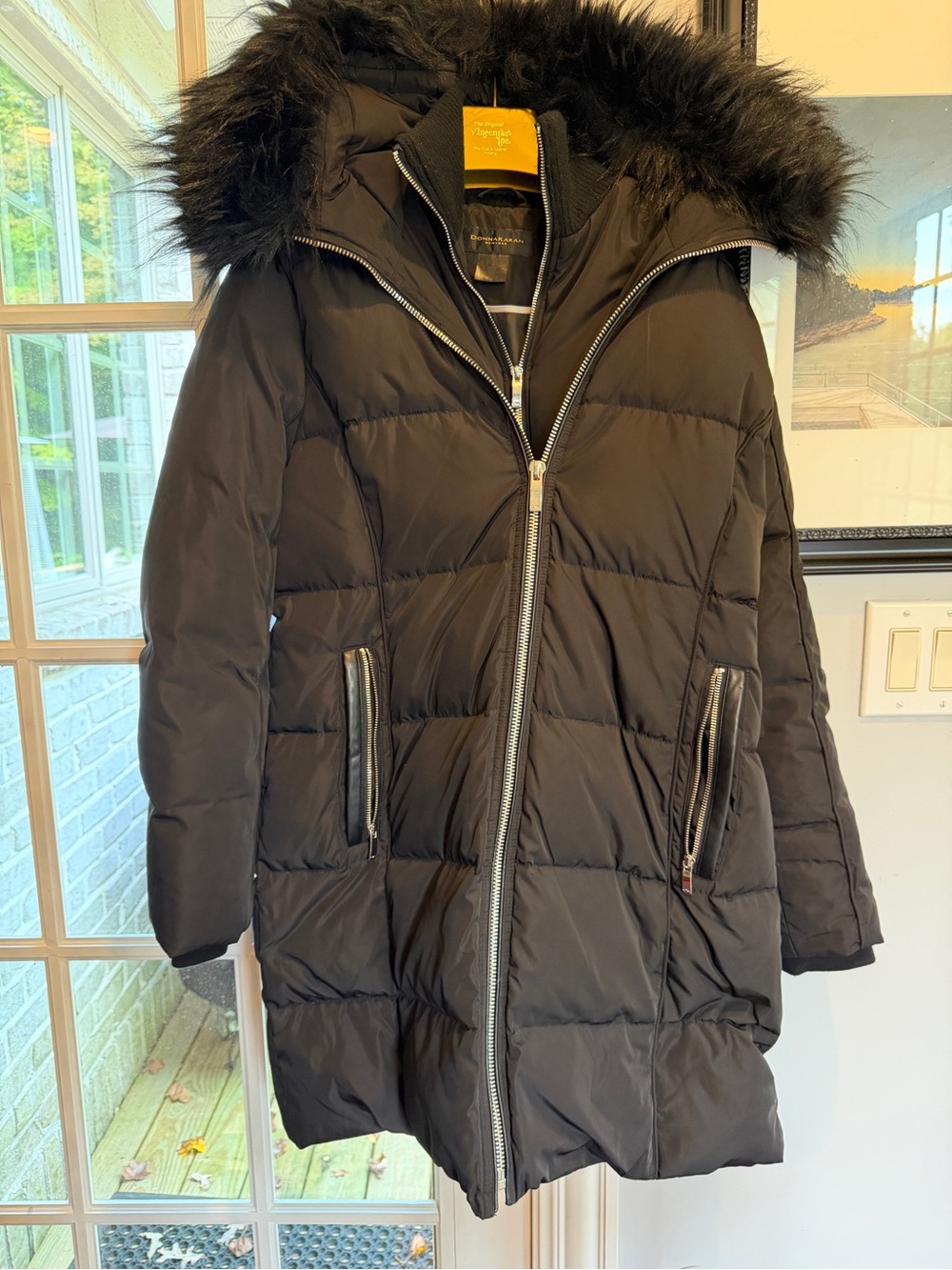 Donna Karan Black Quilted Hooded Puffer with Faux-Fur Trim
